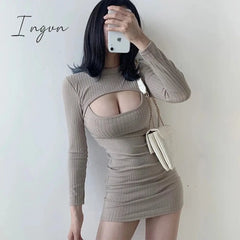 Ingvn - Korean Hollow Chest Long Sleeve Slim Solid Color Spring Ladies Clothing Hot Girl Sexy Mini Dress AW20 new years eve outfits women