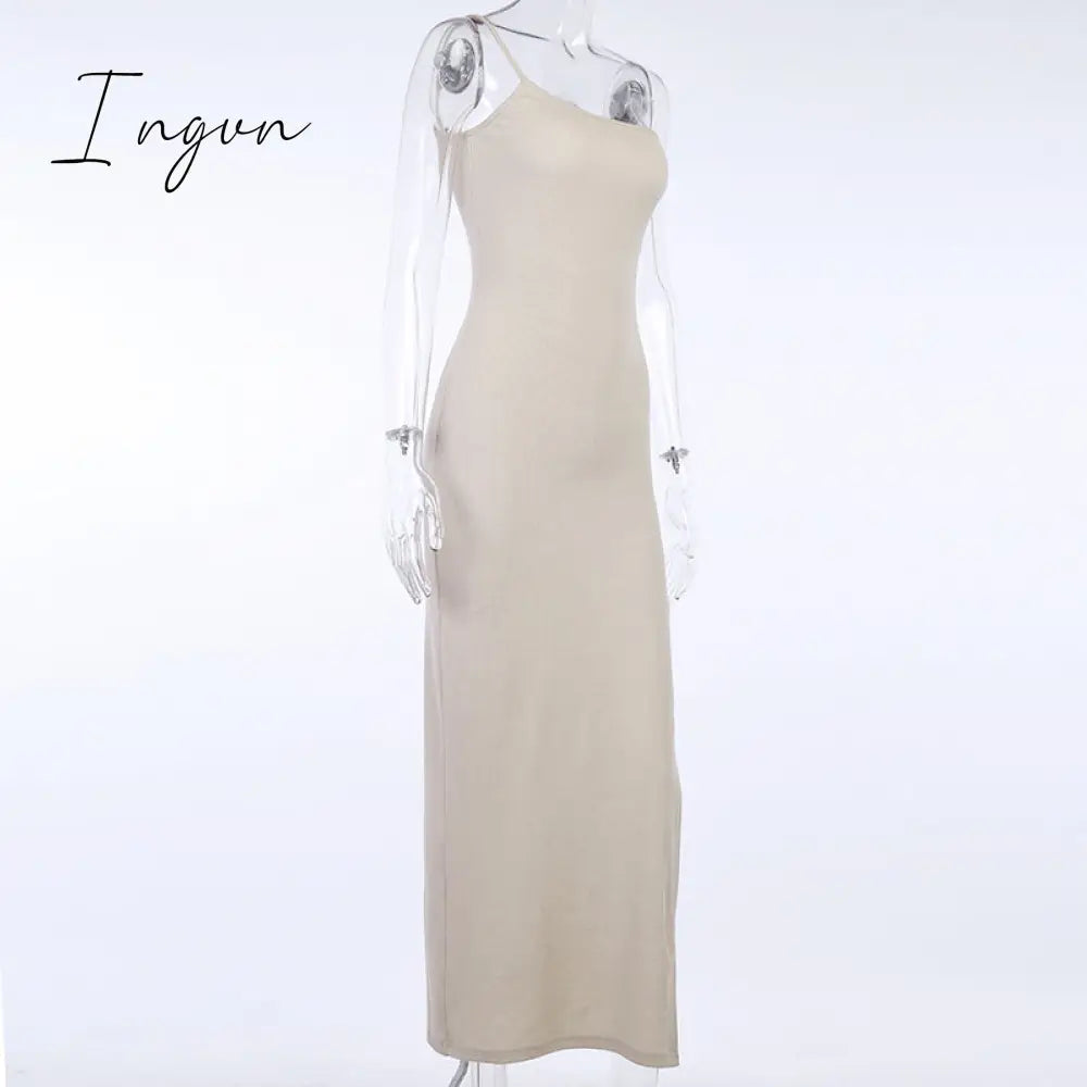 Ingvn - Summer Outfits Side Split Dress Women Sexy Sleeveless Solid Knitted Ankle-Length Party Dress Slim Elastics Off Shoulder Dress Cotton