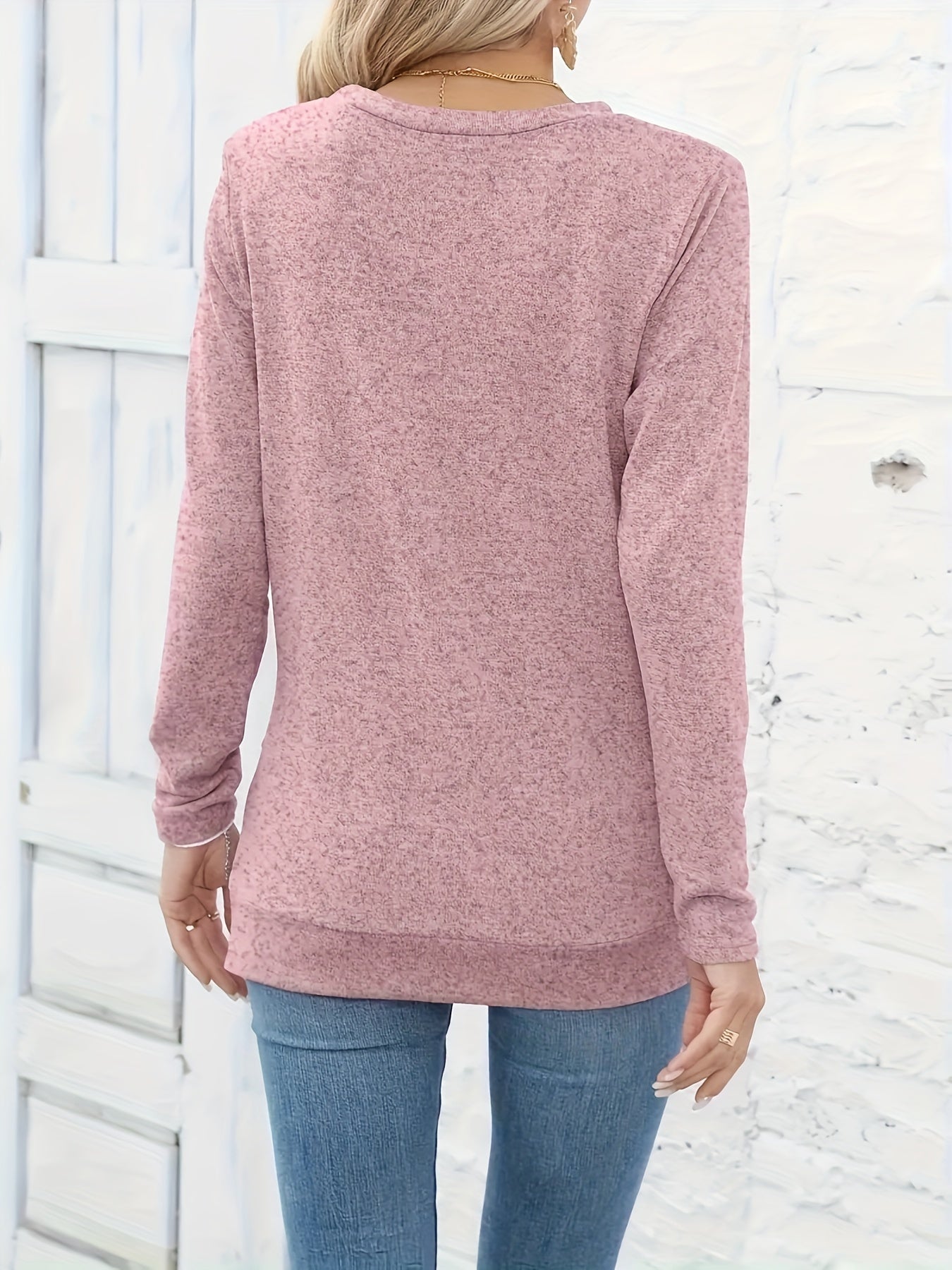 Elegant Button-Detail Ruched Long Sleeve T-Shirt for Women - Polyester, Machine Washable, Solid Color, Perfect for Fall