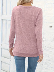 Elegant Button-Detail Ruched Long Sleeve T-Shirt for Women - Polyester, Machine Washable, Solid Color, Perfect for Fall