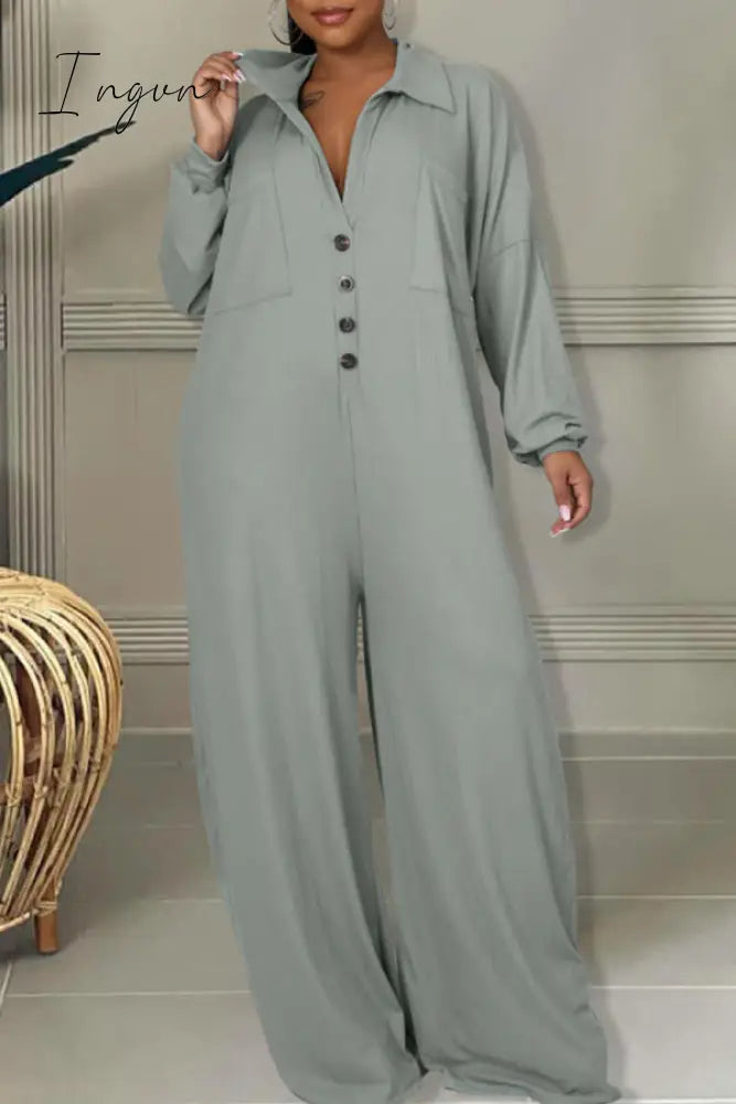 Ingvn - Red Casual Solid Patchwork Pocket Buckle Turndown Collar Plus Size Jumpsuits