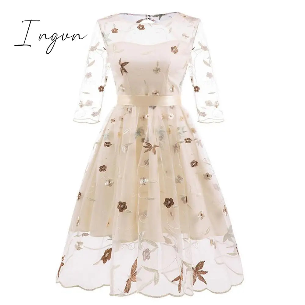 Ingvn - Spring Outfits New Summer Floral Print Embroidery Tulle Female Dress Sweet Elegant High Waist Lace Up A-line Mesh Women Dresses 2XL