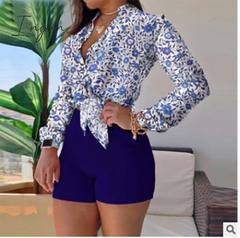 Ingvn - Shorts Sets Women's Summer Suit High Waist Shorts LongSleev Shirts Two Piece Set Printed Leisure Sets Womens Outfits Shorts Set