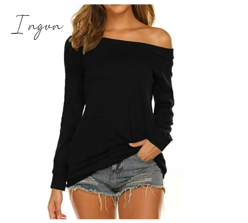Ingvn - Stylish Off Shoulder Solid Color Long Sleeve Tops