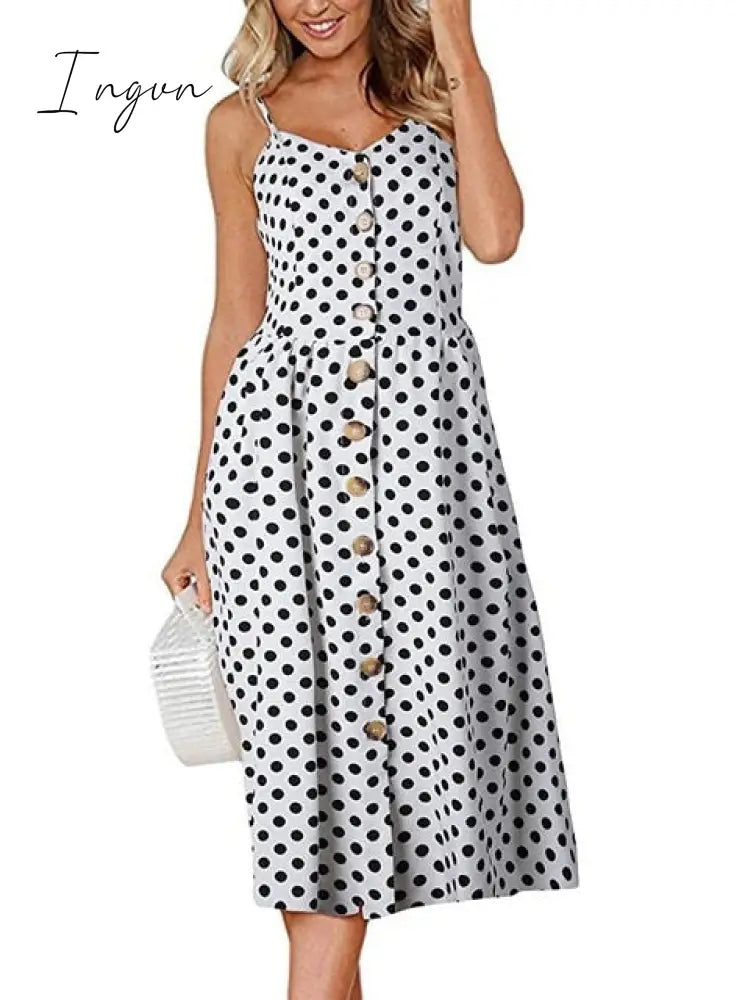 Ingvn - Boho Sexy Floral Dress Summer Vintage Casual Sundress Female Beach Dress Midi Button Backless Polka Dot Striped Women Dress