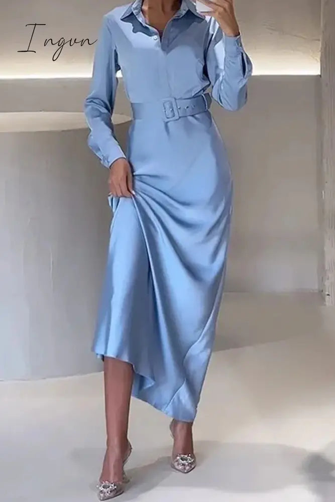 Ingvn - Elegant Solid With Belt Turndown Collar Shirt Dress Dresses