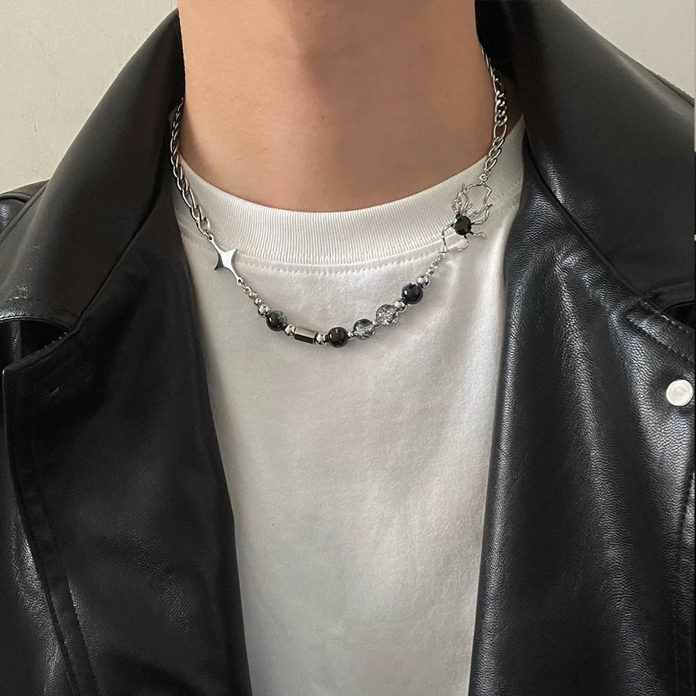 INGVN  Hip Hop Zircon Star Double Layer Necklace For Men Women Trend Charm Titanium Steel Pendant Chain Unisex Jewelry