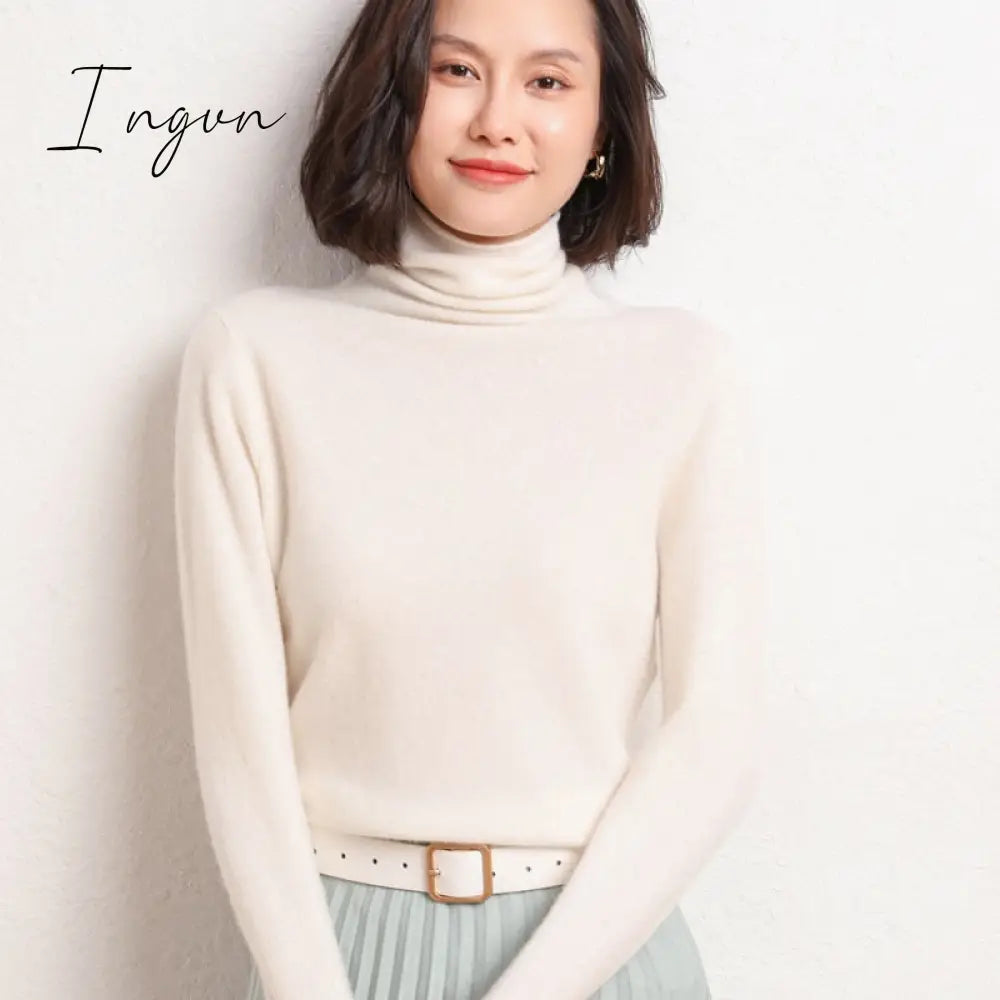 Ingvn - 100% Pure Wool Cashmere Sweater Fall/Winter Pile Collar Pullover Korean Fashion Casual Knitted Tops Women Jacket Long Sleeve