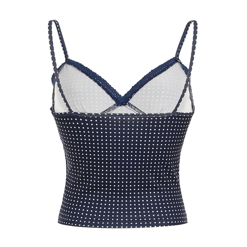 y2k Polka Dot Crop Top Casual Lace Stitching Sleeveless Skinny Strap Tops Women Basic Camisole Streetwear Tees Aesthetic