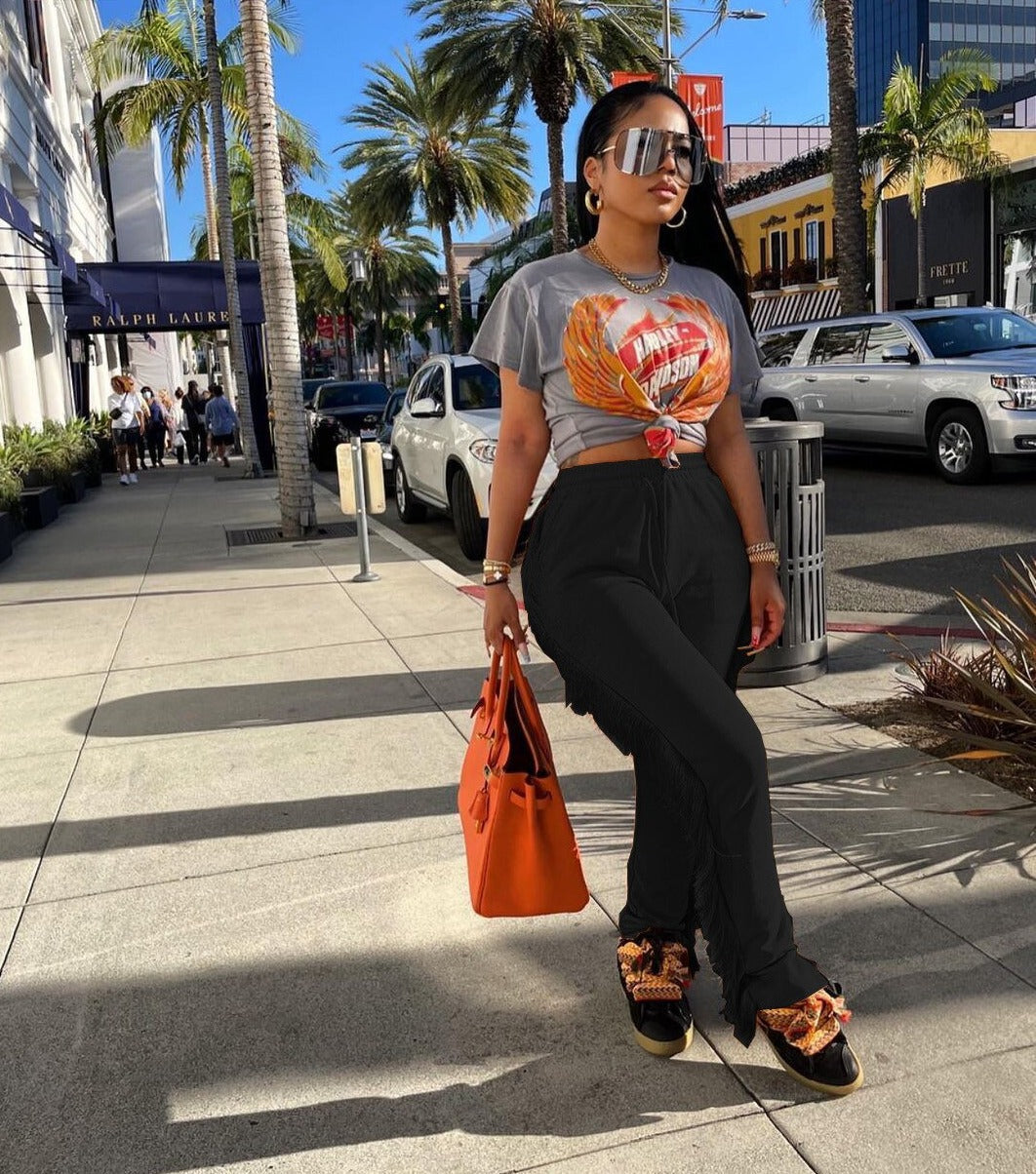Voguable  Women Festival Clothing Casual Streetwear Bodycon Sweat Pants Women Vintage Capris Side Tassels Patchwork Solid Jogger Pant