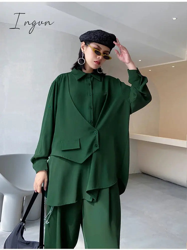 Ingvn - Wide Leg Pants Irregular Big Size Two Piece Suit New Lapel Long Sleeve Loose Fit Women Fashion Spring Autumn