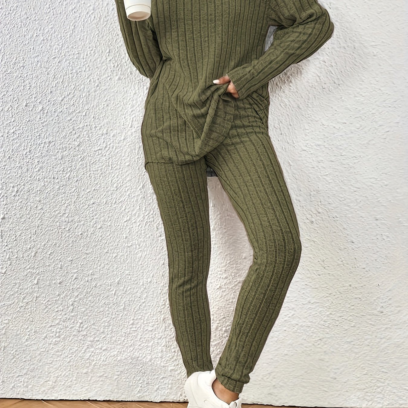 Two-Piece Pants Set - Elegant Solid Color Long Sleeve Crew Neck T-Shirt and Skinny High Waist Pants Outfit for Women - Polyester Knit Fabric, Mid Elasticity, Spring/Fall Season, No Printing, No Sheer