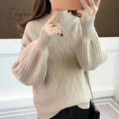 Ingvn - Gifts For Women Half-neck sweater women autumn winter new knitted sweater loose round sweater mujer solid color bat sweater Jumper