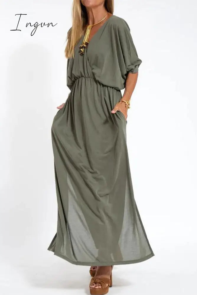 Ingvn - Casual Simplicity Solid Pocket Slit V Neck A Line Dresses