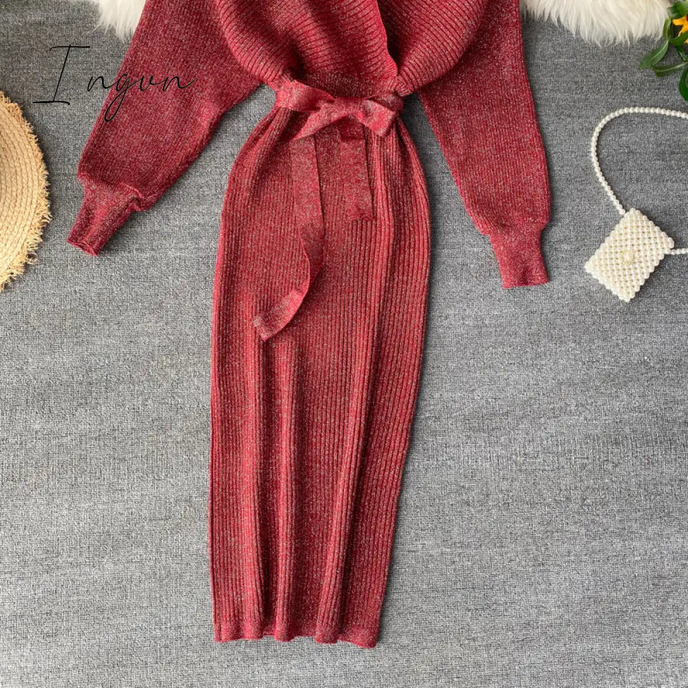 Ingvn - Women Shiny Knitted Dress Sexy V Neck Puff Sleeve Elastic Sheath Knitting Dress Autumn Solid Bow Sashes Pencil Dress