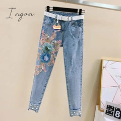 Ingvn - One-Piece/Set Summer New Women Denim Pants Beaded Embroidery Short-Sleeved + Small Feet Hole Jeans Female Two-Piece Suit425
