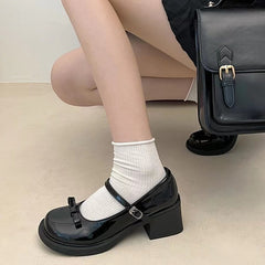 Retro High Heel Mary Jane shoes for women Summer new bow British style leather shoes