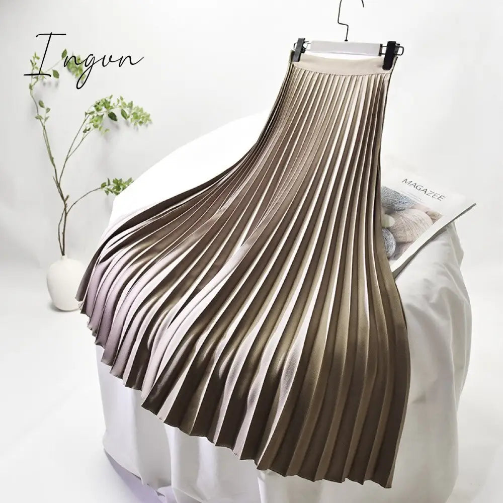 Ingvn - Brand Designer Women Spring Autumn Elegant Chic Solid Pleated Skirt High Waist Luxury Fashion With Elastic Female C-035
