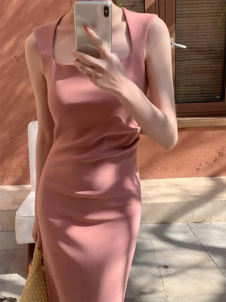 Elegant Fashion Party Bodycon Midi Dresses for Women Summer New Korean Chic Sleeveless Office Casual Pink Female Clothing