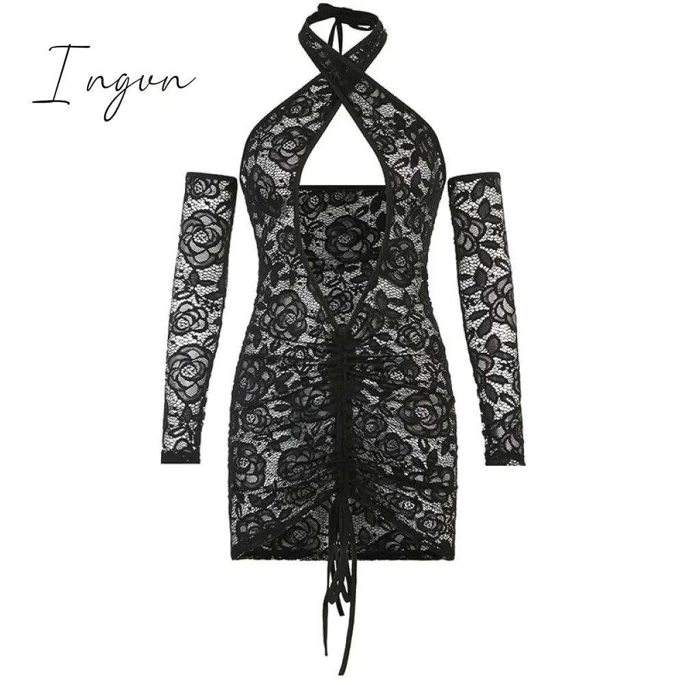 Ingvn - Tassel Stitching Sexy Dress For Women Evening Clubbing Party Square Collar Halter Hollow Out Backless Lace Mini Dress