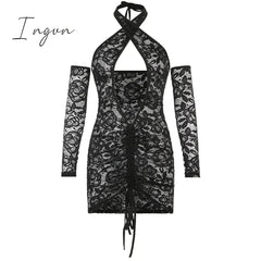 Ingvn - Tassel Stitching Sexy Dress For Women Evening Clubbing Party Square Collar Halter Hollow Out Backless Lace Mini Dress
