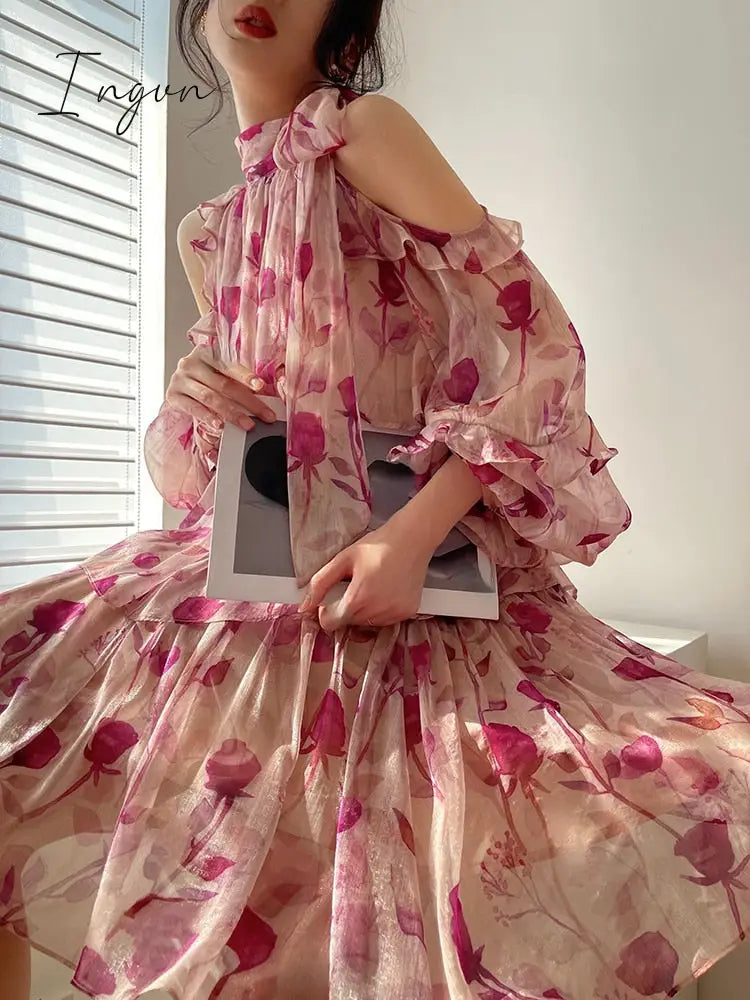 Ingvn - Floral Mini Dress Beach Style Woman Boho Long Sleeve Short Party Dress Casual Elegant Korean Fashion Dress Female