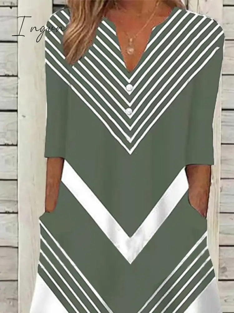 Ingvn - Women's Casual Dress Shift Dress Midi Dress Black and white stripes Green Dark Blue Half Sleeve Color Block Button Summer Spring V Neck Basic Vacation 2023 S M L XL XXL 3XL