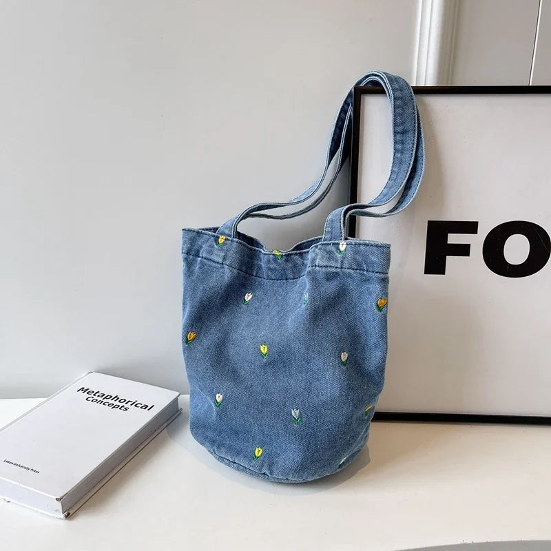 Ingvn  Large Capacity Women's Shoulder Bucket Bag Soft Denim Female Reusable Shopping Bags Embroidery Flower Ladies Tote Purse Handbag