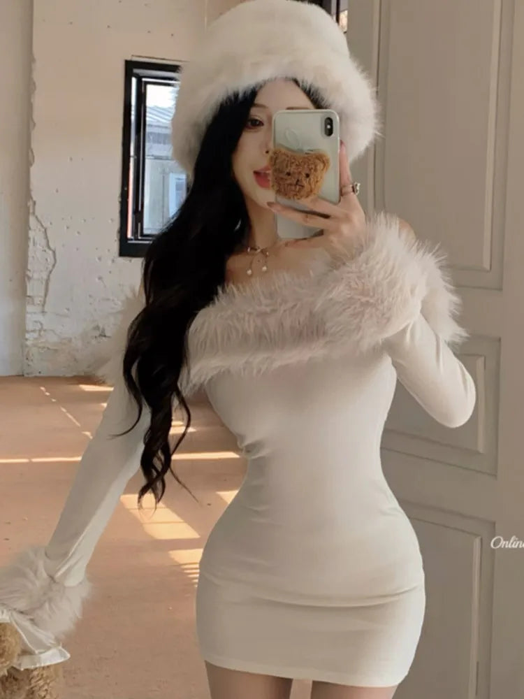 Y2K Sexy Christmas Mini Dress for Women Off Shoulder Slash Neck Patchwork Bodycon Party Dresses Winter Sweet Prom Vestidos Robe