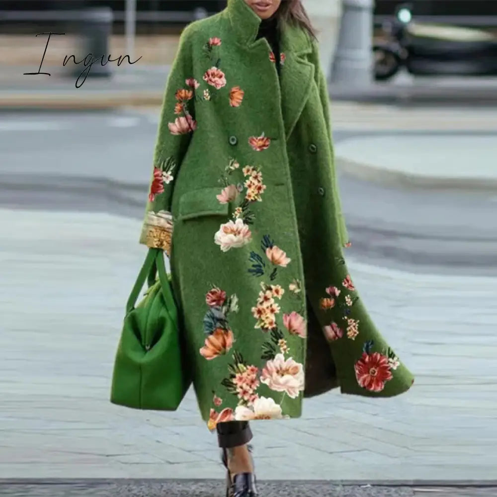 Ingvn - Trends Hot Sale Autumn Winter Long Sleeve Pocket Green Outwear Casual Loose Blend Wool Long Overcoat Women Vintage Button Cardigan Tops Jackets