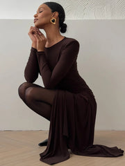 Long Sleeve Draped Ruched Sexy Maxi Dress For Women Gown Fashion Solid O Neck Bodycon Club Elegant Mini Dress Vestido