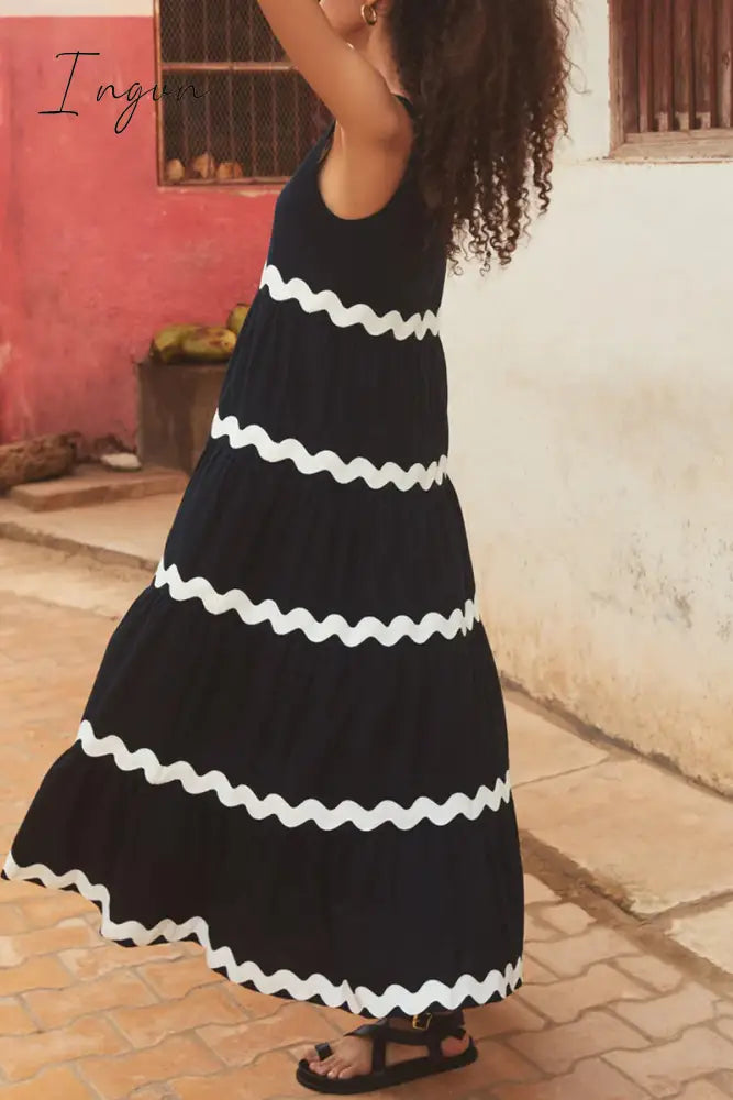 Ingvn - Sexy Simplicity Print Ripple Contrast U Neck Sleeveless Dress Dresses