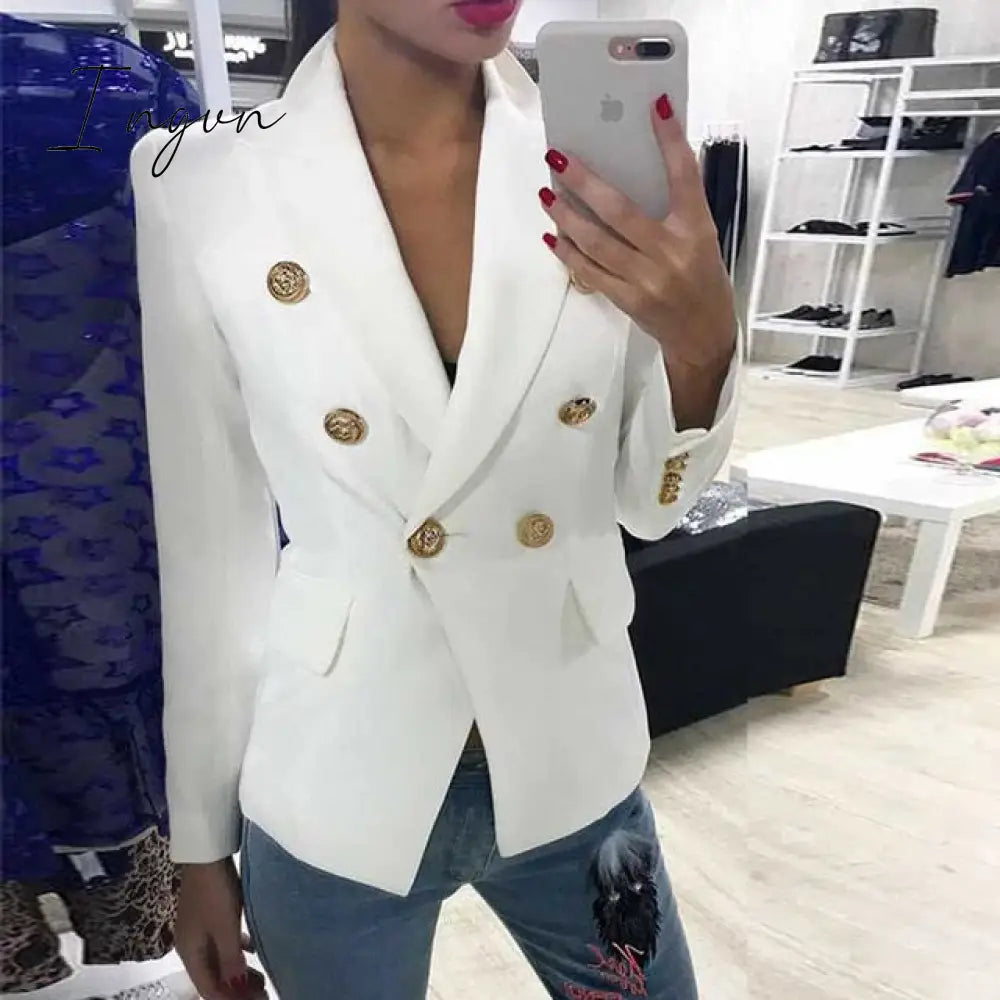 Ingvn - Green Blue Yellow Black White Blazer Women Office Formal Double Breasted Buttons Blazer Plus Big Size Women Blazers Drop Ship