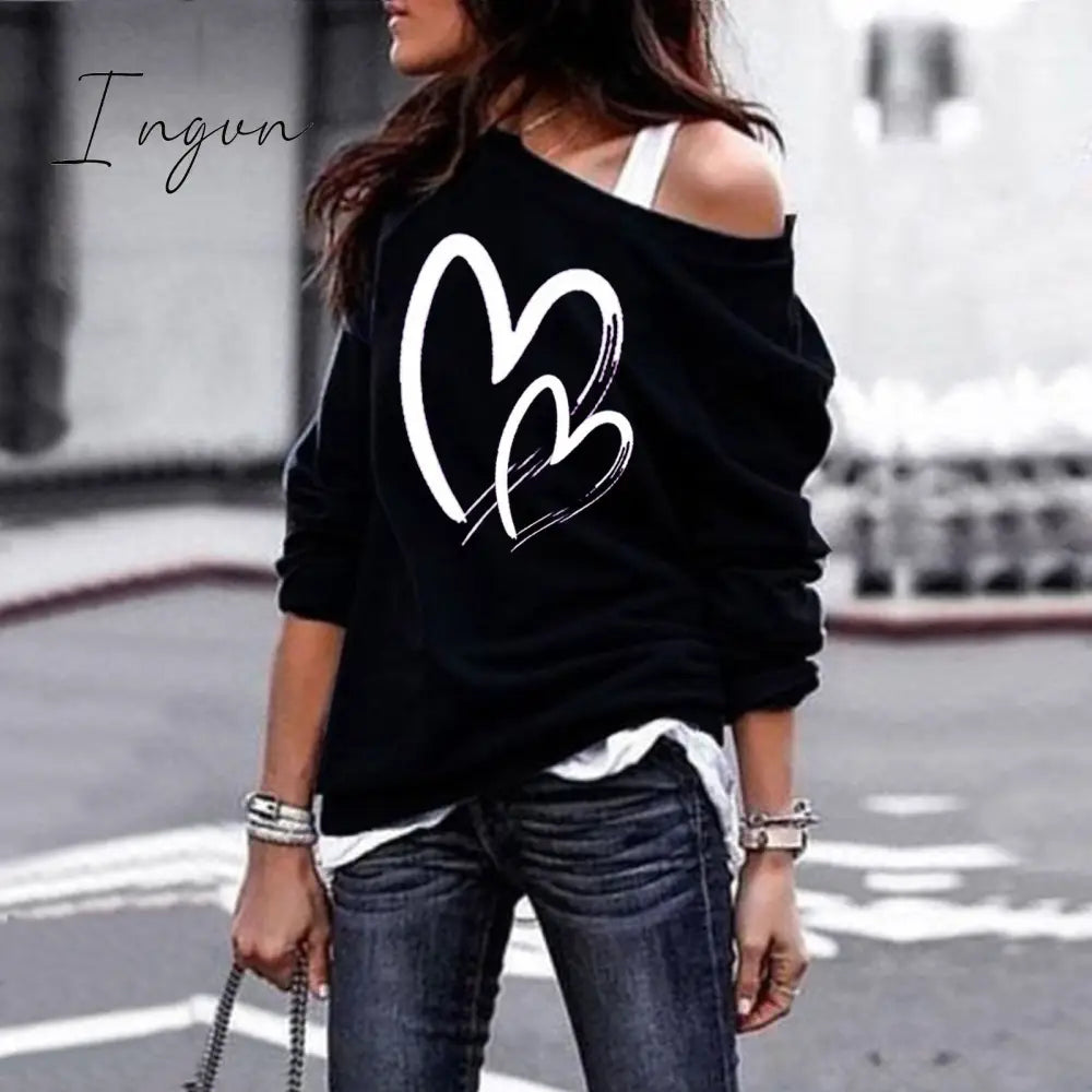 Ingvn - Women's Pullover Sweatshirt Heart Printed Long Sleeve One Shoulder Tops Autumn Winter Sweat Shirts Woman Casual Top