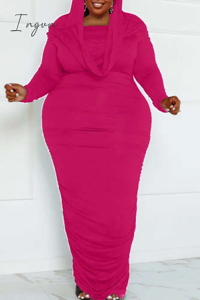 Ingvn - Rose Red Sexy Street Solid Patchwork Hooded Collar Wrapped Skirt Plus Size Dresses