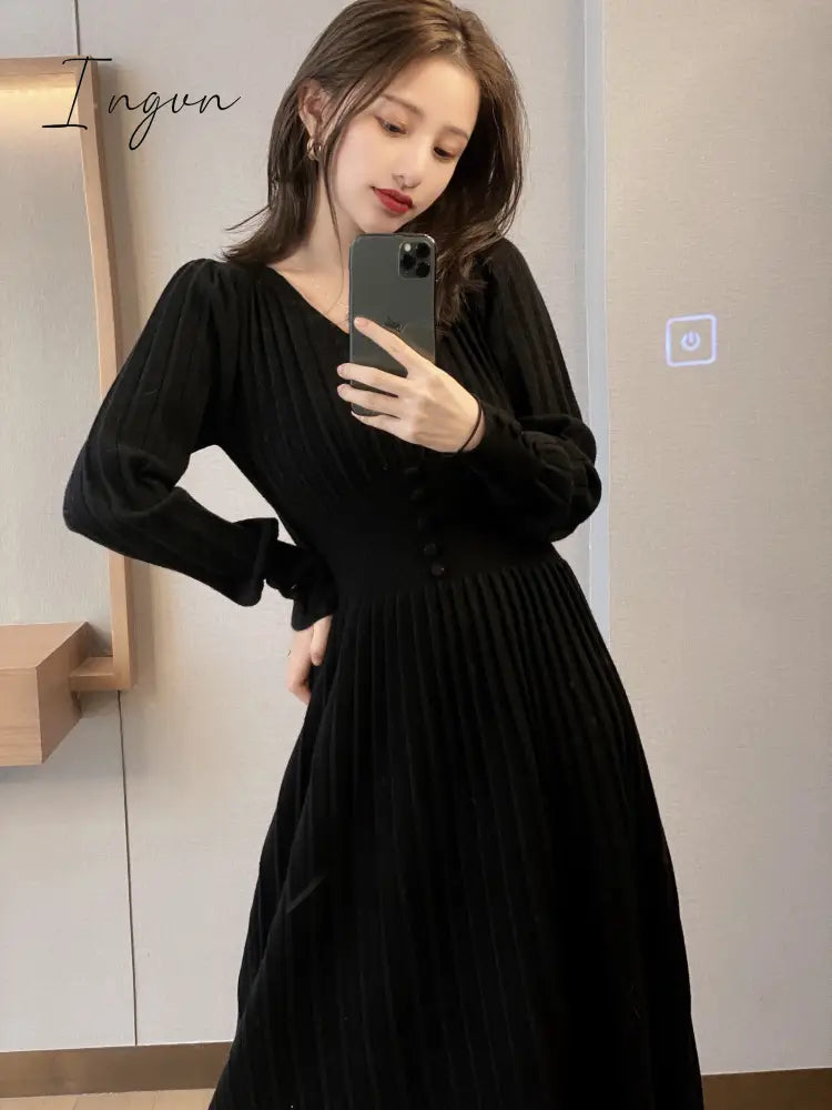 Ingvn - Knitted Dress Women Casual Long Sleeve Vintage Elegant Office Sweater Dress Female Spring One-piece Dress Korean Outerwear