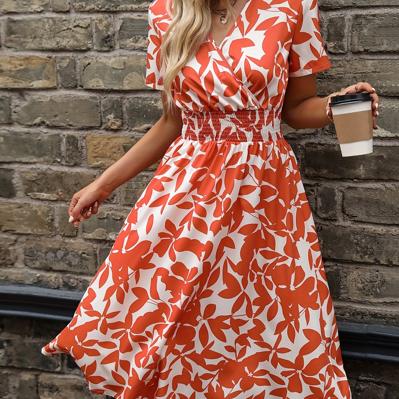 Blooming Floral Wrap Neck Dress - Elegant Short Sleeve, V-Neck, A-Line Silhouette, Spring & Summer Essential, Women's Clothing for Chic Occasions