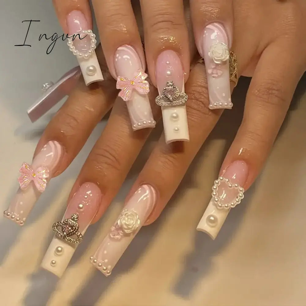 24pcs Artifical Bails With Glue Fake Nail Tips With Design Detachable Press On Nails Long Fake Nail Finished Nail Piece Sticker