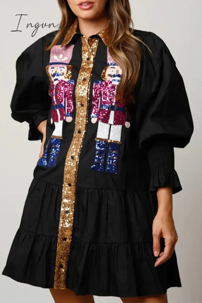 Ingvn - Sweet Solid Sequins Contrast Turndown Collar Long Sleeve Dresses