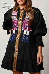 Ingvn - Sweet Solid Sequins Contrast Turndown Collar Long Sleeve Dresses