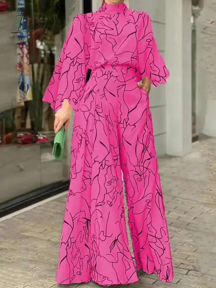 Ingvn - Summer European and American Women's Dress Elegant Waist Tie up Long Sleeve Hanging Neck Pants Print Jumpsuits