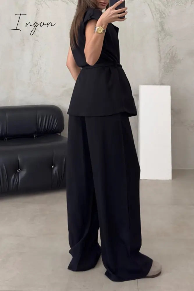 Ingvn - Casual British Style Solid Frenulum Turn-back Collar Sleeveless Two Pieces
