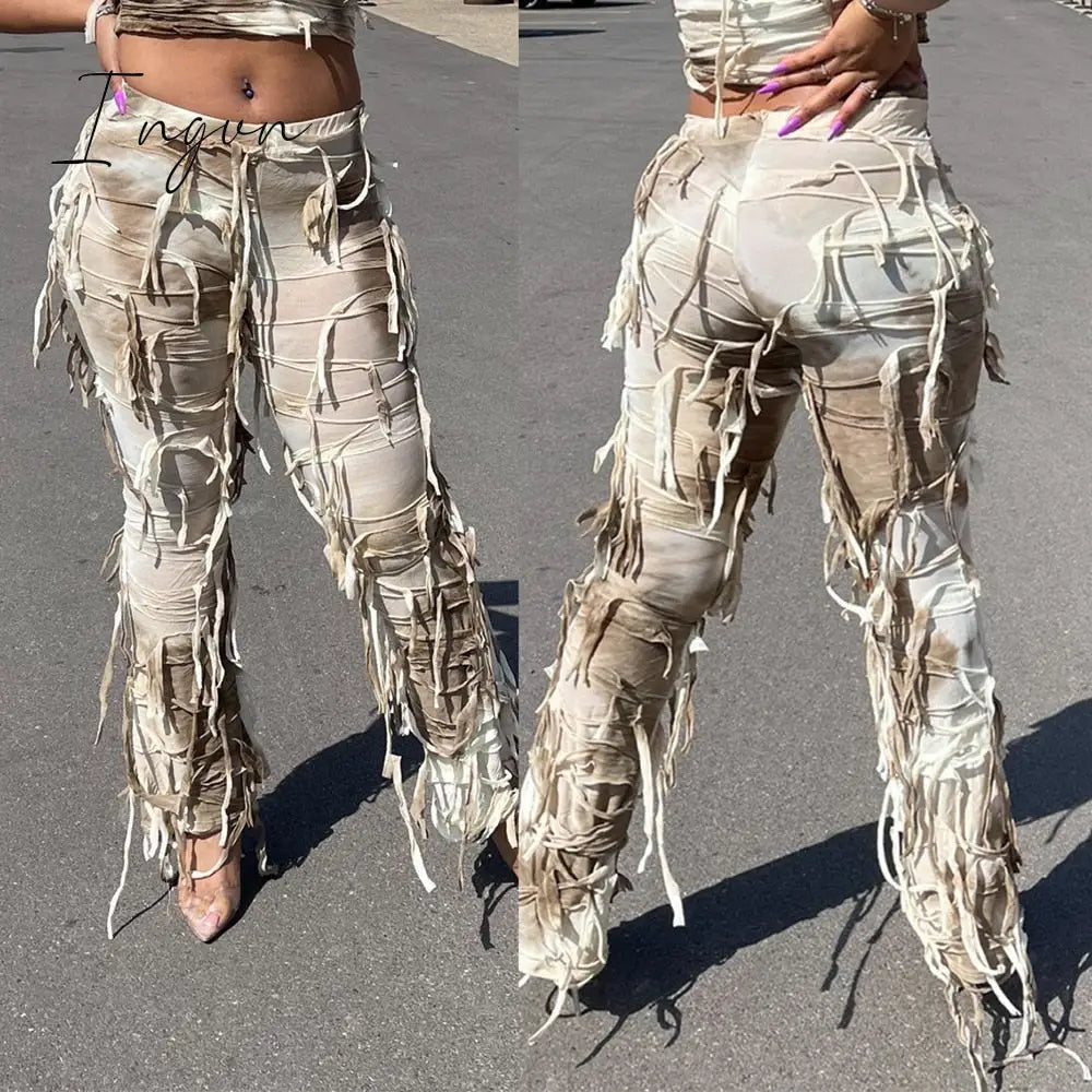 Ingvn - Tie Dye Fringe Pant Cargo Trousers Y2K Streetwear Fashion 2023 Women Summer Clothes Pencil Casual Tassel Sweat Pants Joggers