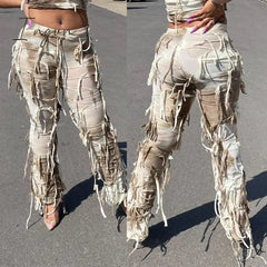 Ingvn - Tie Dye Fringe Pant Cargo Trousers Y2K Streetwear Fashion 2023 Women Summer Clothes Pencil Casual Tassel Sweat Pants Joggers