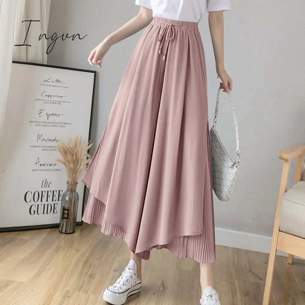 Ingvn - Elastic Wide Leg Pants Women Korean Fashion Chiffon Trousers Summer Casual Loose Pleated Pants Lady High Waist Street Skirt Pant