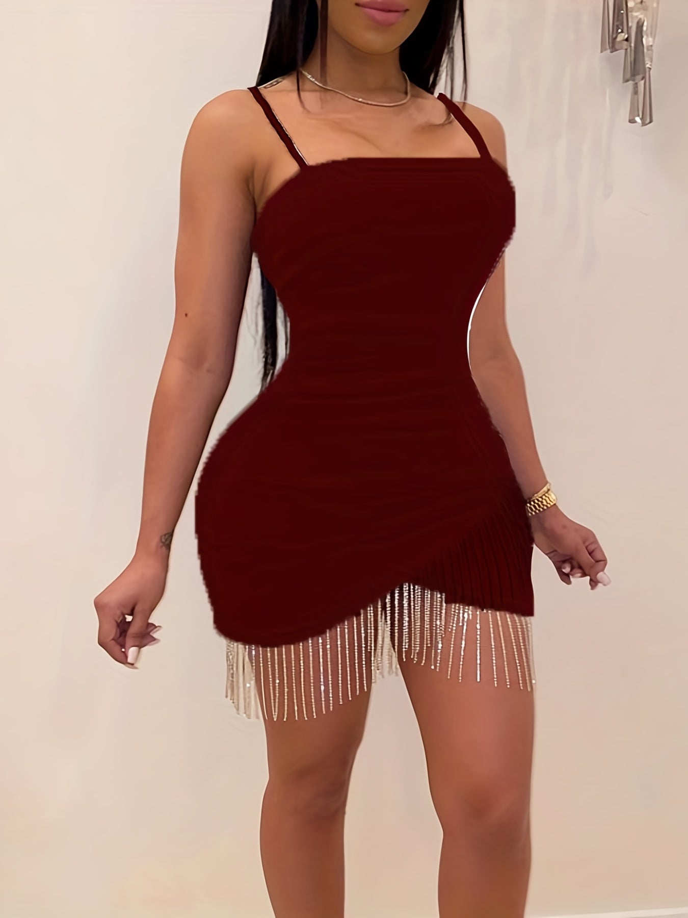 Sultry Tassel Bodycon Spaghetti Dress - Stretchy, Backless, Cami-Style, Party-Perfect, Women's Clothing for Night Out, Clubbing, Dating - Sexy, Form-Fitting, Comfortable, Easy to Wear