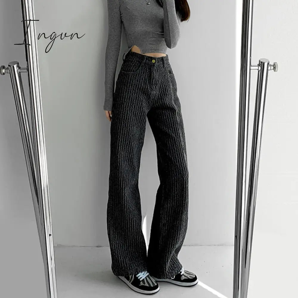 Ingvn - Women Jeans High Waist Casual Streetwear y2k Baggy Office Lady New Fashion Korean Denim Trousers Female Straight Wide Leg Pants