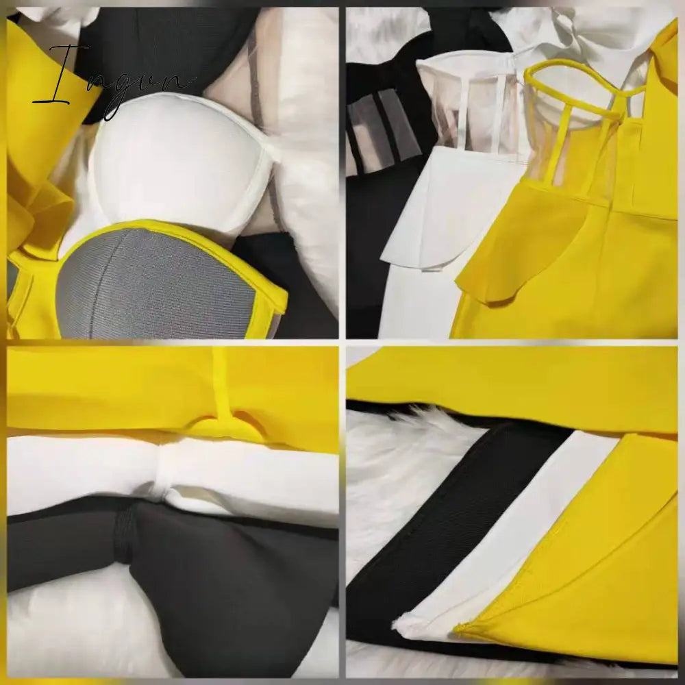 Ingvn - New Summer Fashion Women Bodycon Dress One Shoulder Bow Mesh Ruffle Sleeveless Bandage Dress Celebrity Party Evening Sexy