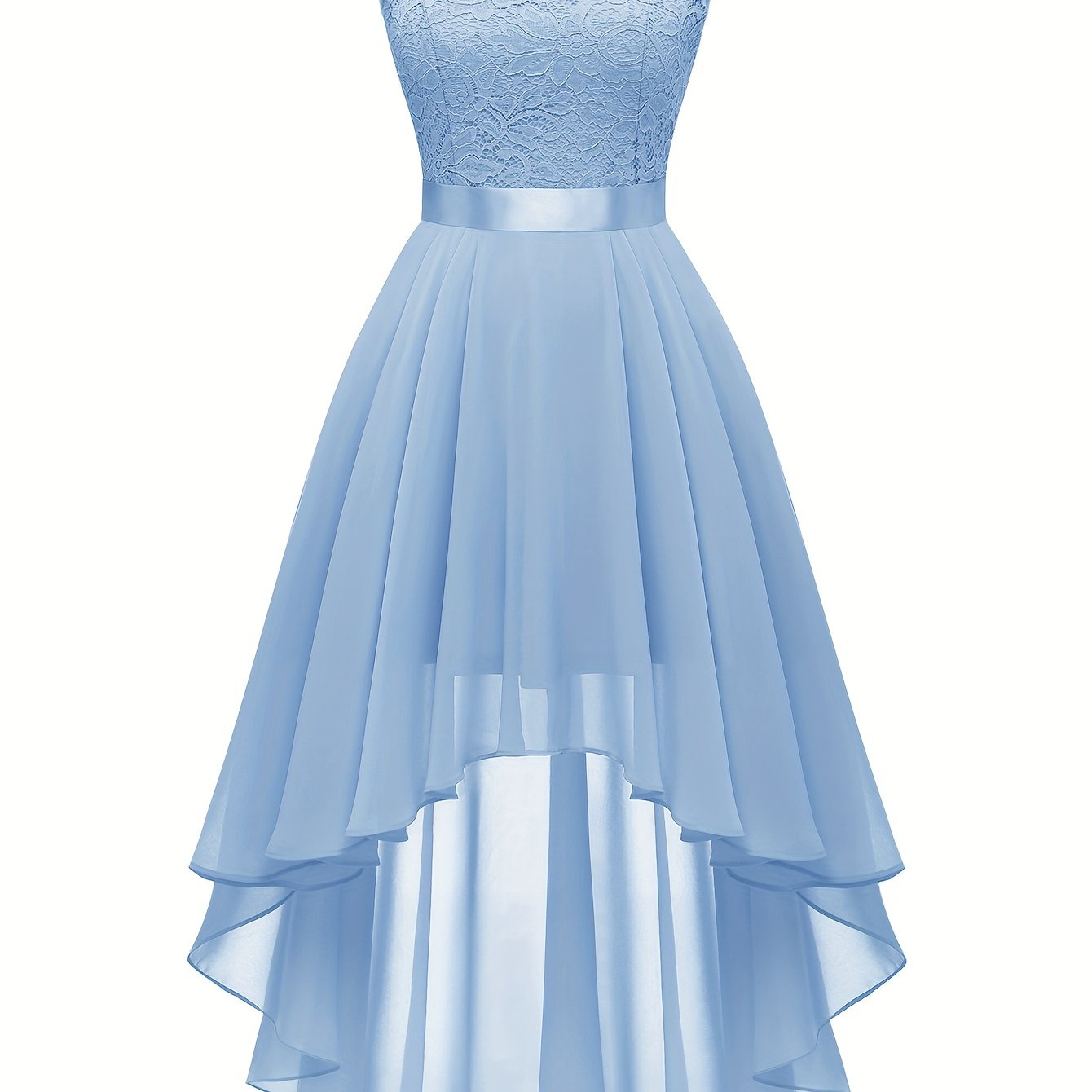 Contrast Lace Asymmetric Hem Wedding Dress, Elegant Solid Bow Waist Tank Dress For Party & Banquet, Homecoming Dress, Women's Clothing