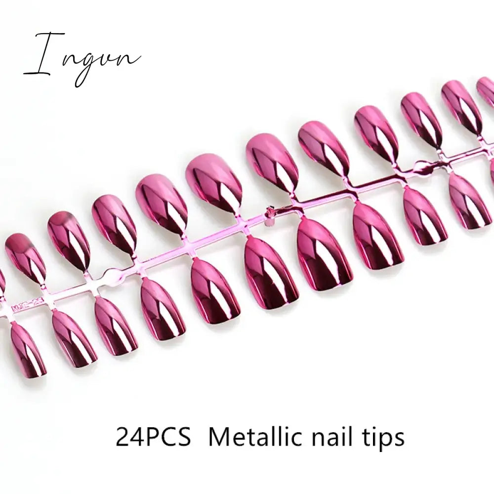 Nails STILETTO Fake Nail Tips 12pcs/Box Metallic False Nail Art Manicure Press on Nails Mirror Look